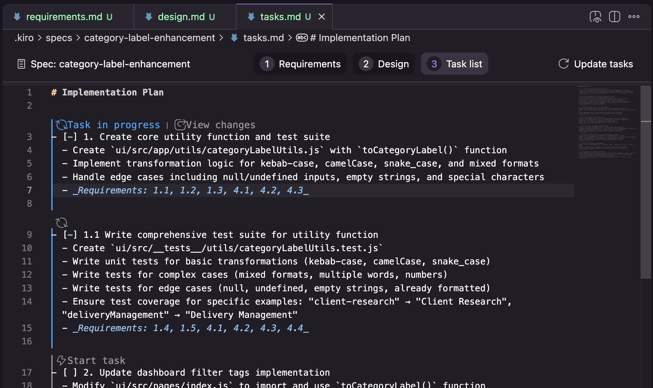 A screenshot of a Kiro tasks document, showing a task with UI elements